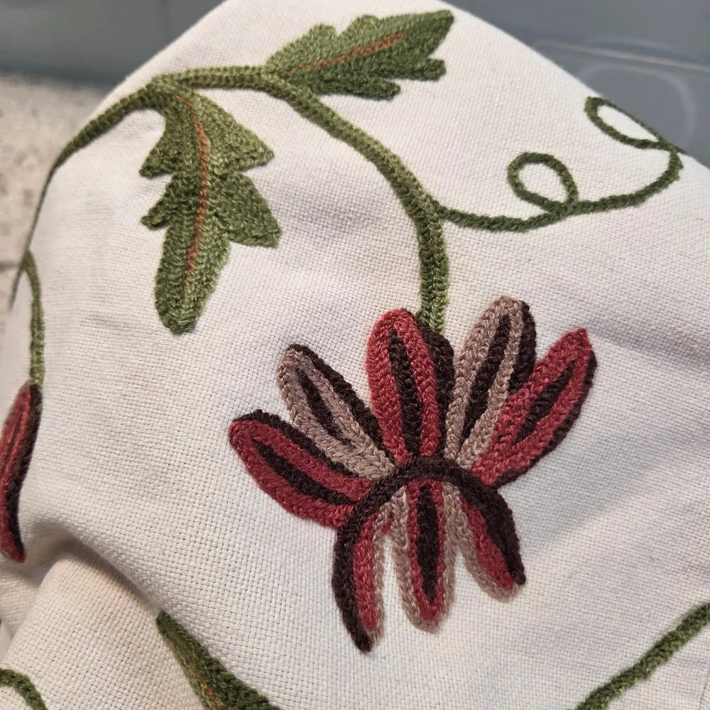 Floral Crewel‎ Embroidered Throw Pillow Covers Set of 2 Cream Burgundy 17.5x17.5